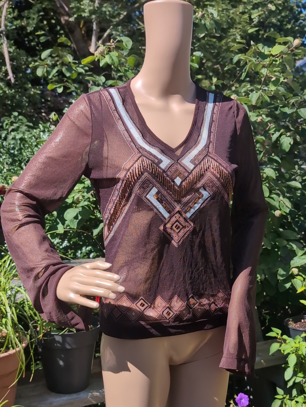 Vintage Mexx Sheer Brown Geometric-Embroidered V-Neck Blouse Gold Sequin & Bead
